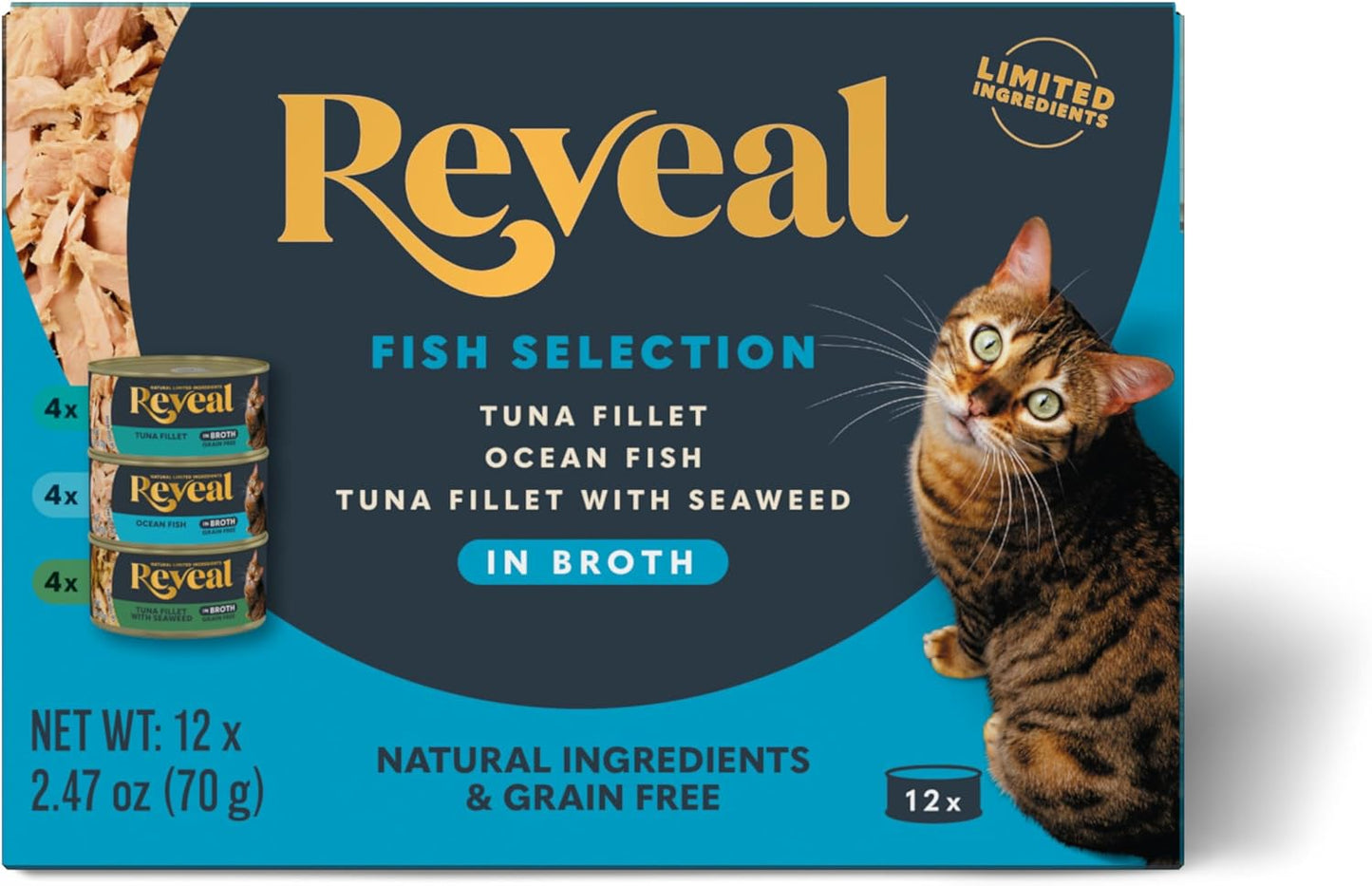 Natural Wet Canned Cat Food, Limited Ingredient, Grain-Free, Protein with No Artificial Additives, Fish Variety in Broth (12 X 2.47 Oz Cans)