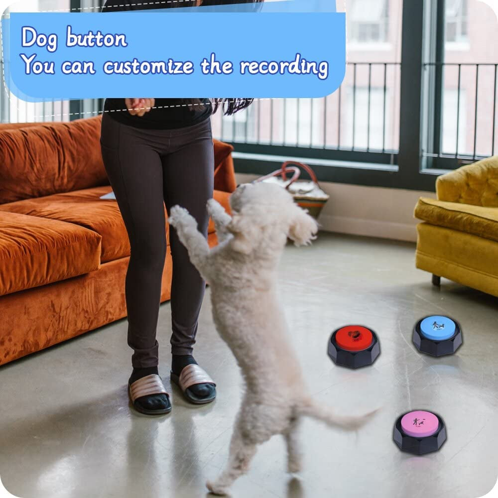 Set of 4 Dog Buttons, Dog Buttons for Communication, Dog Speaking Buttons, Recordable Buttons, Dog Touch Buttons, 25 Training Stickers, Teach Your Dog to Talk!