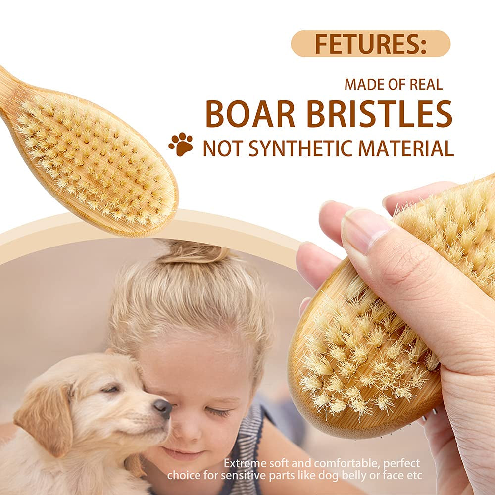 Dog Brush Cat Brush, Double Sided Bristle and Pin Pet Brush for Dog Grooming, Real Boar Bristle Shedding Brush with Bamboo Handle for Long Short Hair, 2 Pack Dog Comb, White