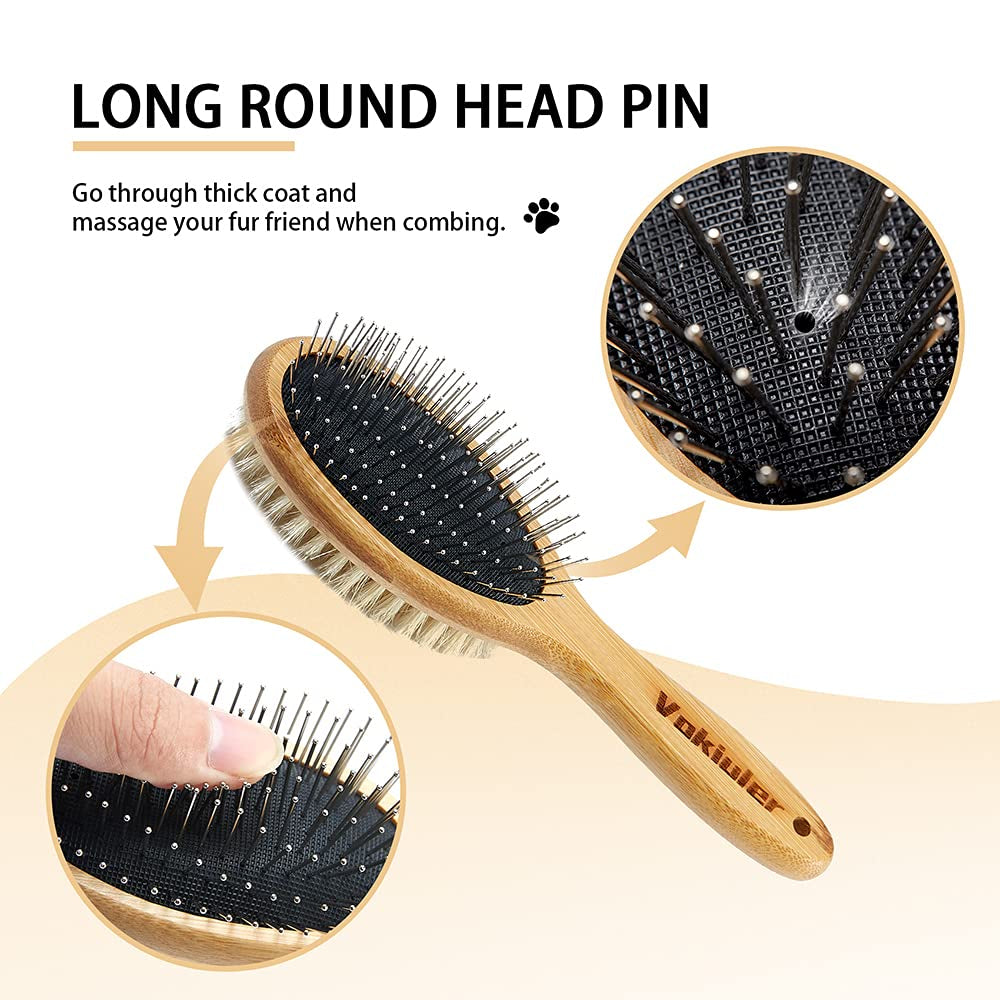 Dog Brush Cat Brush, Double Sided Bristle and Pin Pet Brush for Dog Grooming, Real Boar Bristle Shedding Brush with Bamboo Handle for Long Short Hair, 2 Pack Dog Comb, White
