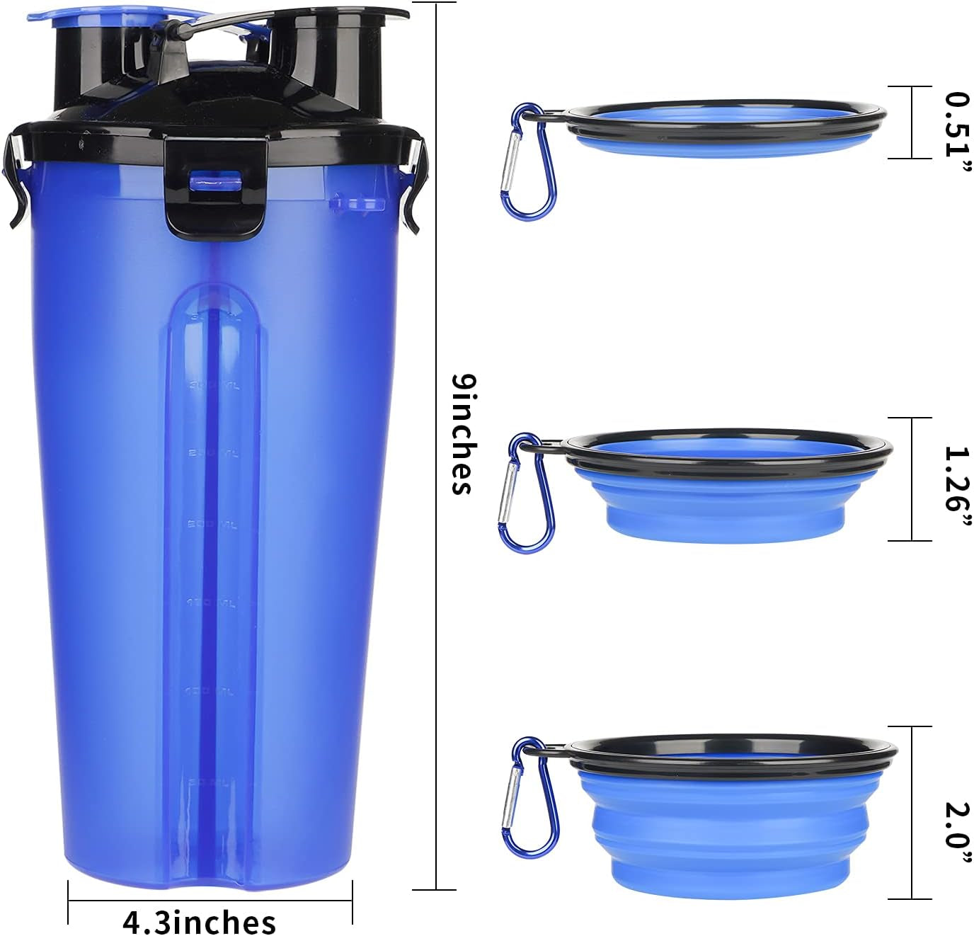 Dog Portable Bottle with Collapsible Bowls 2-In-1 Dog Water Dispenser and Food Container with 2 Bowls for Pets Walking and Traveling (2-In-1, Blue)