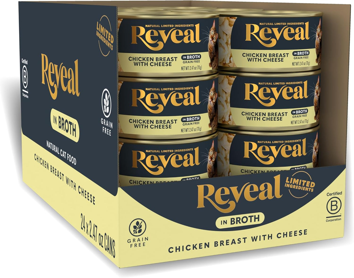 Natural Wet Cat Food, 24 Count, Grain Free, Limited Ingredient Canned Food for Cats, Chicken Breast with Cheese in Broth, 2.47 Oz Cans