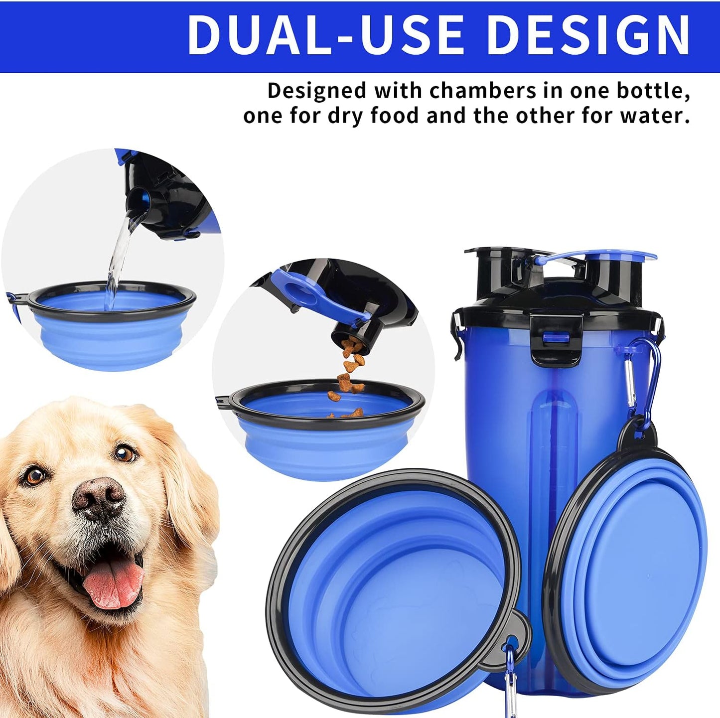 Dog Portable Bottle with Collapsible Bowls 2-In-1 Dog Water Dispenser and Food Container with 2 Bowls for Pets Walking and Traveling (2-In-1, Blue)