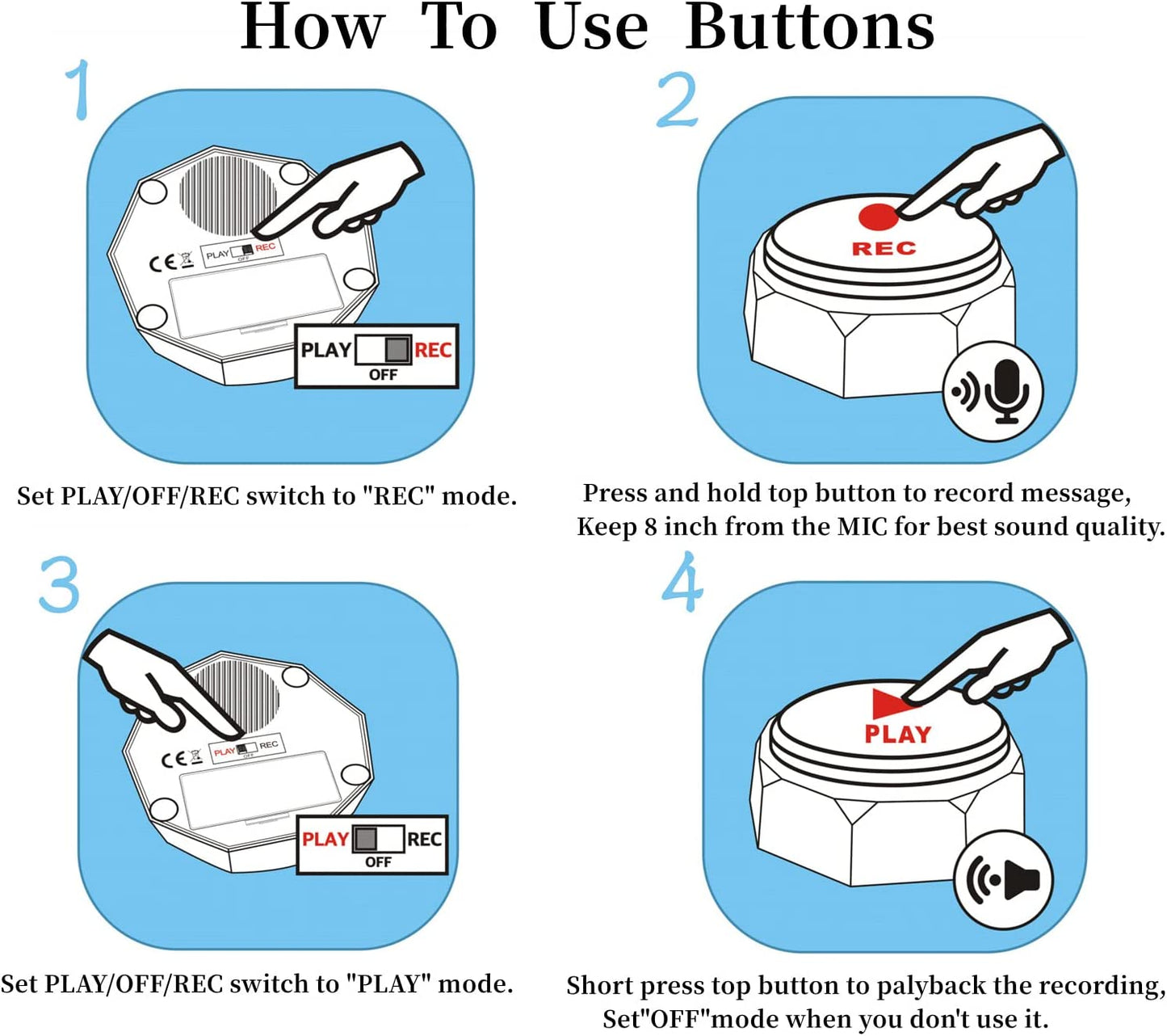Set of 4 Dog Buttons, Dog Buttons for Communication, Dog Speaking Buttons, Recordable Buttons, Dog Touch Buttons, 25 Training Stickers, Teach Your Dog to Talk!