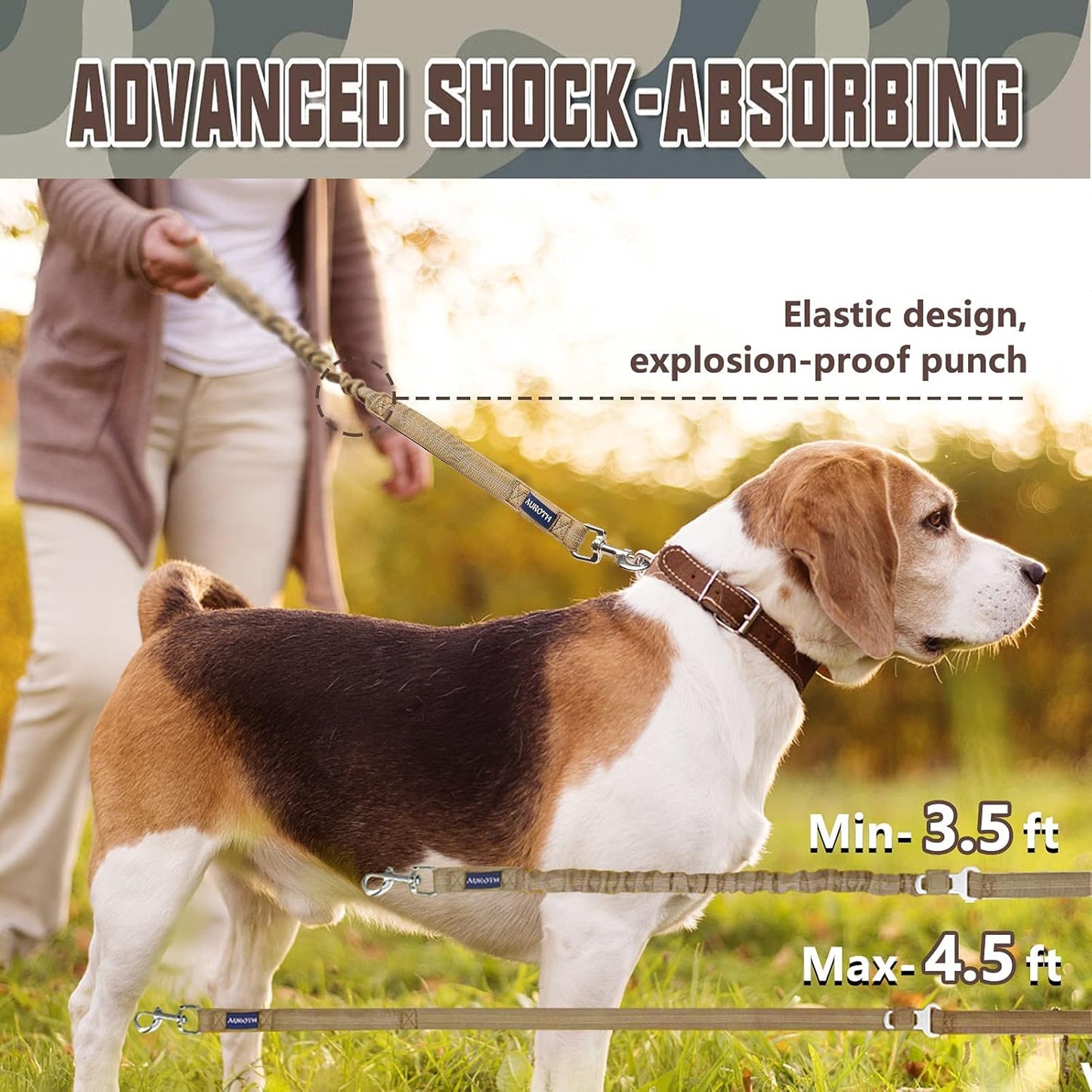 Heavy Duty Bungee Dog Leash for Large Breed Dogs, No Pull for Shock Absorption with Car Seat Belt, 2 Padded Handles 4.5Foot 6Foot Training Dog Leash Army Yellow