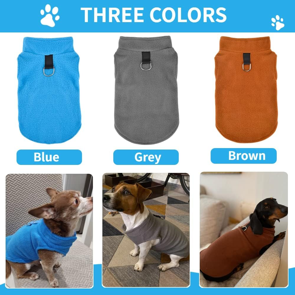 Set of 3 Dog Sweater with Leash Ring Fleece Pet Puppy Vest Winter Fall Clothes for Small Dog Boy Male Chihuahua Yorkies, (X-Small, Blue+Brown+Grey)