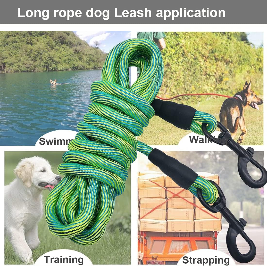 8Ft 12Ft 20Ft 30Ft 50Ft 75Ft Dog Tie Out Long Tether Rope Leash, Outdoor Yard Leash, Large Medium Small Dogs Training, Playing, Camping, Backyard (Green, 50 Foot)