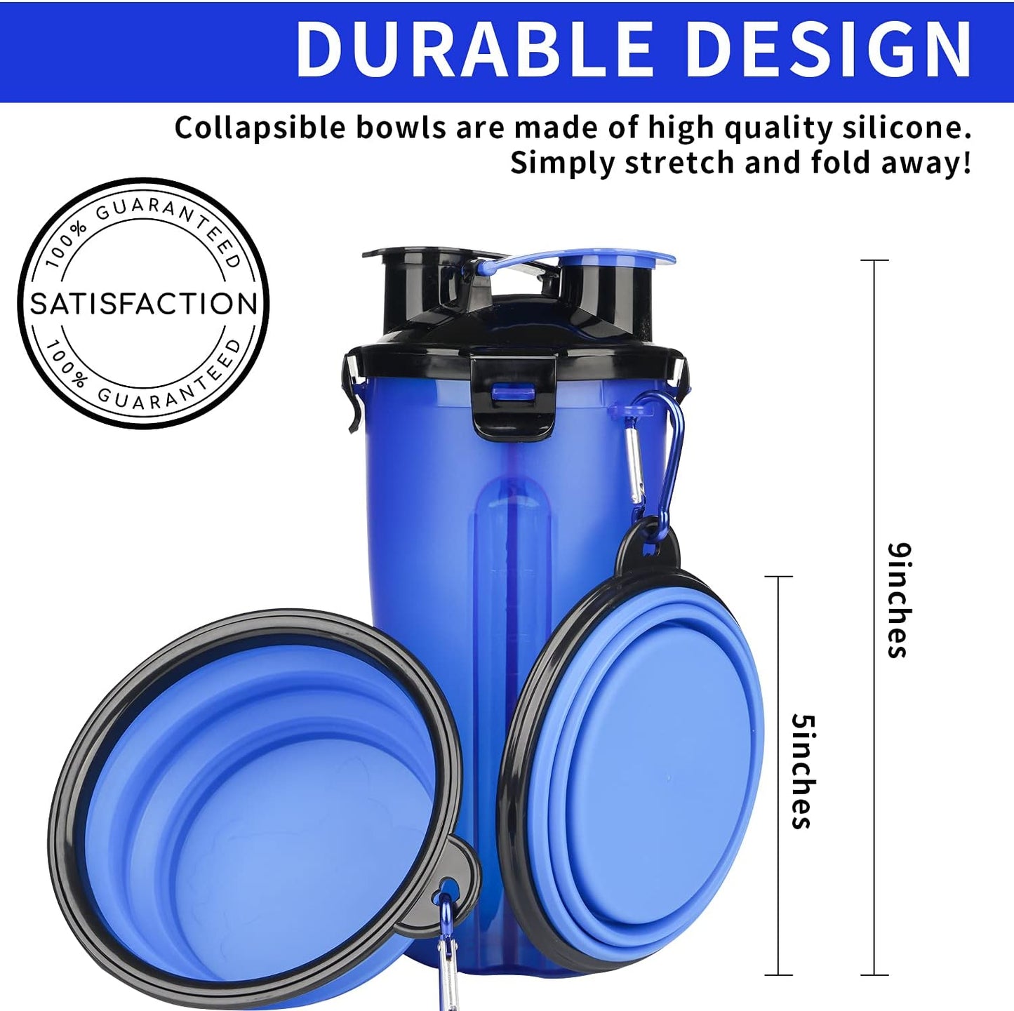 Dog Portable Bottle with Collapsible Bowls 2-In-1 Dog Water Dispenser and Food Container with 2 Bowls for Pets Walking and Traveling (2-In-1, Blue)