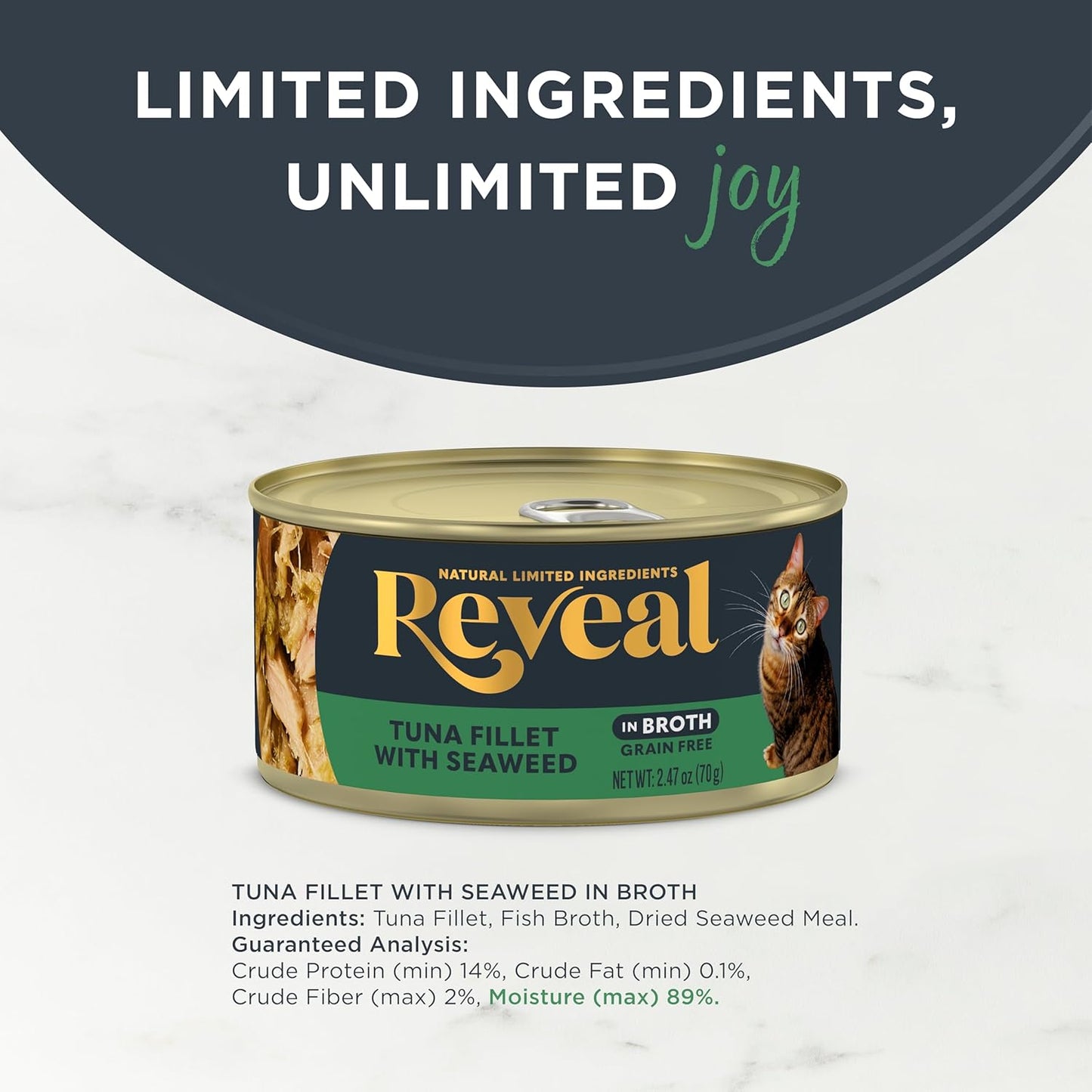 Natural Wet Cat Food, 24 Count, Grain Free, Limited Ingredient Canned Food for Cats, Tuna with Seaweed in Broth, 2.47 Oz Cans