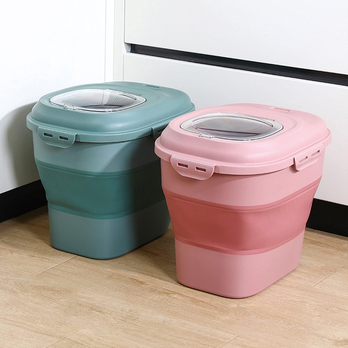 Large Sized Pet Food Storage Container with Lid, Foldable Snaps Closed Storage Bin with Food Scoop for Dog and Cat Food, 35LB Capacity Durable Airtight Rice Container Bucket with Wheels (Pink)