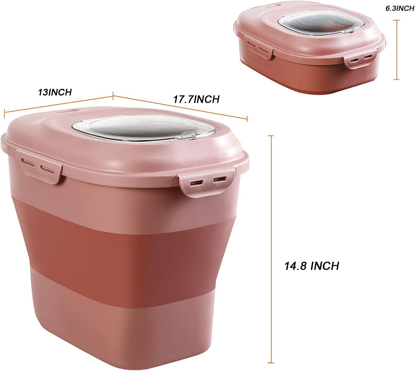 Large Sized Pet Food Storage Container with Lid, Foldable Snaps Closed Storage Bin with Food Scoop for Dog and Cat Food, 35LB Capacity Durable Airtight Rice Container Bucket with Wheels (Pink)