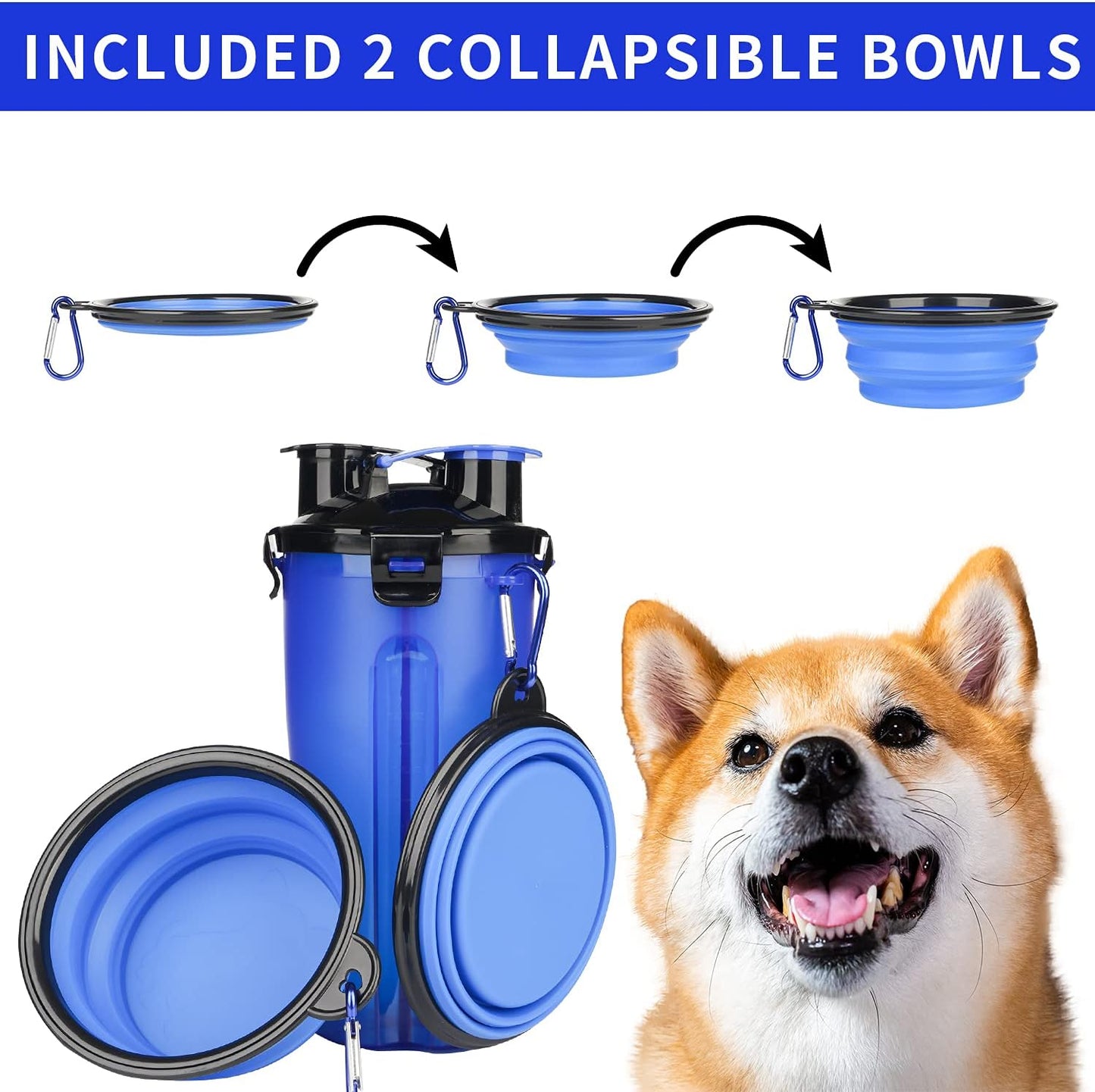 Dog Portable Bottle with Collapsible Bowls 2-In-1 Dog Water Dispenser and Food Container with 2 Bowls for Pets Walking and Traveling (2-In-1, Blue)