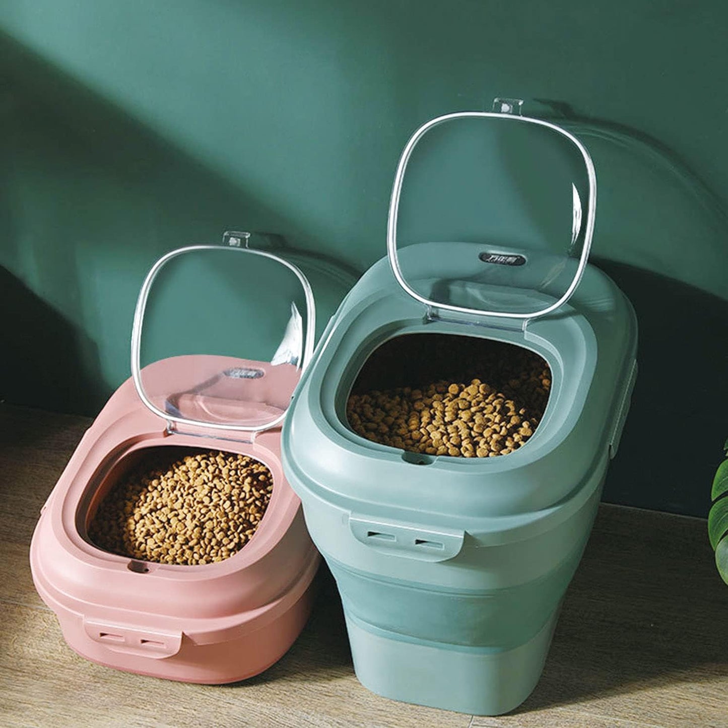 Large Sized Pet Food Storage Container with Lid, Foldable Snaps Closed Storage Bin with Food Scoop for Dog and Cat Food, 35LB Capacity Durable Airtight Rice Container Bucket with Wheels (Pink)
