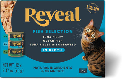 Natural Wet Canned Cat Food, Limited Ingredient, Grain-Free, Protein with No Artificial Additives, Fish Variety in Broth (12 X 2.47 Oz Cans)