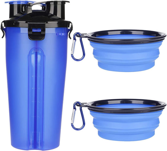 Dog Portable Bottle with Collapsible Bowls 2-In-1 Dog Water Dispenser and Food Container with 2 Bowls for Pets Walking and Traveling (2-In-1, Blue)