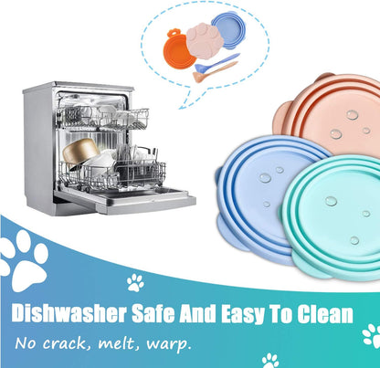 3 Pieces Can Lids Pet Food Can Cover Set with 2 Spoons, Universal Silicone Cat Food Can Lid,1 Fit 3 Standard Size Cat Food Lids for Dog Food, Dishwasher Safe(Blue, Pink, and Orange)