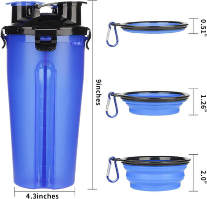 Dog Portable Bottle with Collapsible Bowls 2-In-1 Dog Water Dispenser and Food Container with 2 Bowls for Pets Walking and Traveling (2-In-1, Blue)