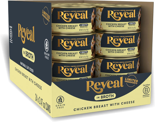 Natural Wet Cat Food, 24 Count, Grain Free, Limited Ingredient Canned Food for Cats, Chicken Breast with Cheese in Broth, 2.47 Oz Cans