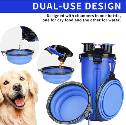 Dog Portable Bottle with Collapsible Bowls 2-In-1 Dog Water Dispenser and Food Container with 2 Bowls for Pets Walking and Traveling (2-In-1, Blue)