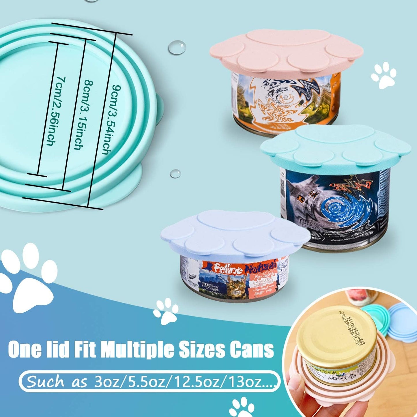 3 Pieces Can Lids Pet Food Can Cover Set with 2 Spoons, Universal Silicone Cat Food Can Lid,1 Fit 3 Standard Size Cat Food Lids for Dog Food, Dishwasher Safe(Blue, Pink, and Orange)