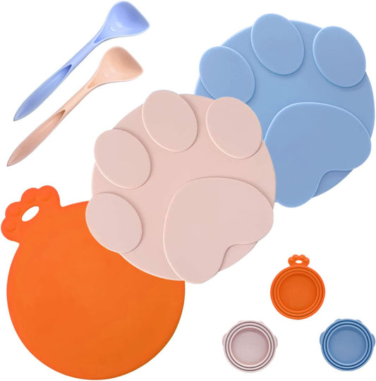 3 Pieces Can Lids Pet Food Can Cover Set with 2 Spoons, Universal Silicone Cat Food Can Lid,1 Fit 3 Standard Size Cat Food Lids for Dog Food, Dishwasher Safe(Blue, Pink, and Orange)