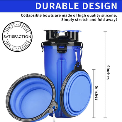 Dog Portable Bottle with Collapsible Bowls 2-In-1 Dog Water Dispenser and Food Container with 2 Bowls for Pets Walking and Traveling (2-In-1, Blue)