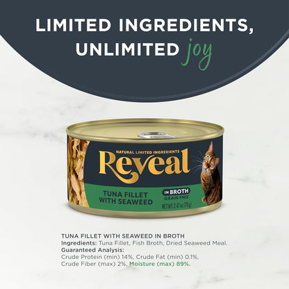 Natural Wet Cat Food, 24 Count, Grain Free, Limited Ingredient Canned Food for Cats, Tuna with Seaweed in Broth, 2.47 Oz Cans