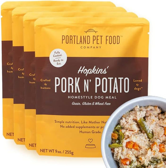 Hopkin'S Pork 'N' Potato All Natural Dog Food, Fully Cooked Microwavable Meal Pouches, Grain & Gluten-Free, USA Made, 4 Pack (4 X 9Oz)