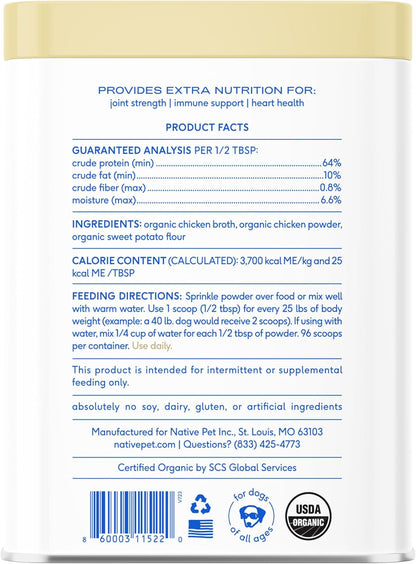 Bone Broth for Dogs and Cats - Chicken Bone Broth Powder Dog Food Toppers for Picky Eaters - Provides Extra Nutrition for Joint Strength, Immune Support & Heart Health - 96 Scoops