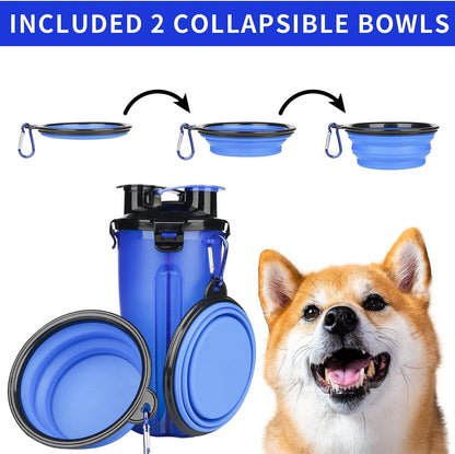 Dog Portable Bottle with Collapsible Bowls 2-In-1 Dog Water Dispenser and Food Container with 2 Bowls for Pets Walking and Traveling (2-In-1, Blue)