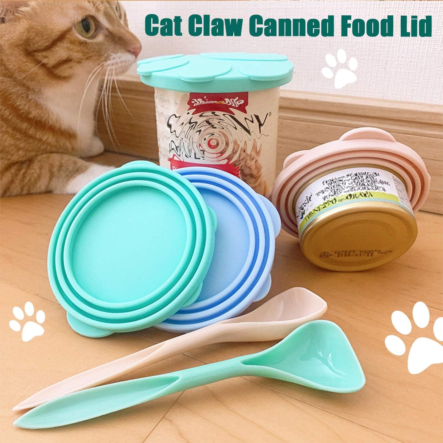 3 Pieces Can Lids Pet Food Can Cover Set with 2 Spoons, Universal Silicone Cat Food Can Lid,1 Fit 3 Standard Size Cat Food Lids for Dog Food, Dishwasher Safe(Blue, Pink, and Orange)