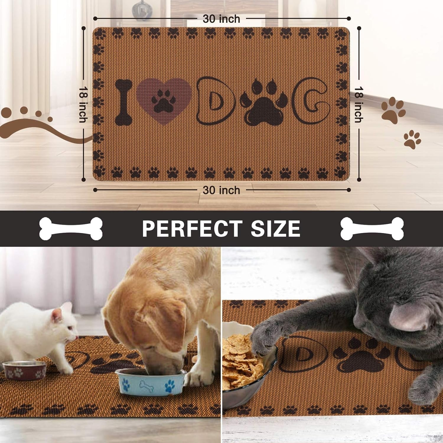Dog and Cat Food Mat Washable Dog Mat for Food and Water Non Slip Pet Food Bowl Mat, I Love Dog, 18"X30", Coffee