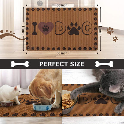 Dog and Cat Food Mat Washable Dog Mat for Food and Water Non Slip Pet Food Bowl Mat, I Love Dog, 18"X30", Coffee