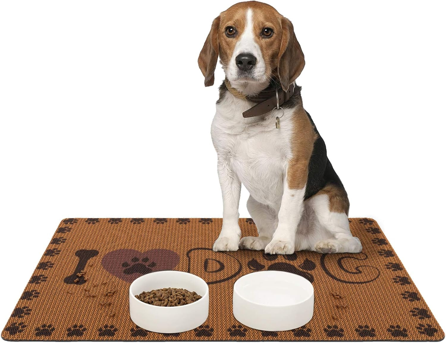 Dog and Cat Food Mat Washable Dog Mat for Food and Water Non Slip Pet Food Bowl Mat, I Love Dog, 18"X30", Coffee