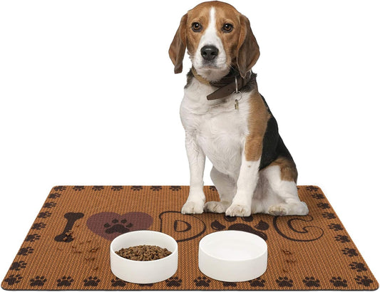 Dog and Cat Food Mat Washable Dog Mat for Food and Water Non Slip Pet Food Bowl Mat, I Love Dog, 18"X30", Coffee