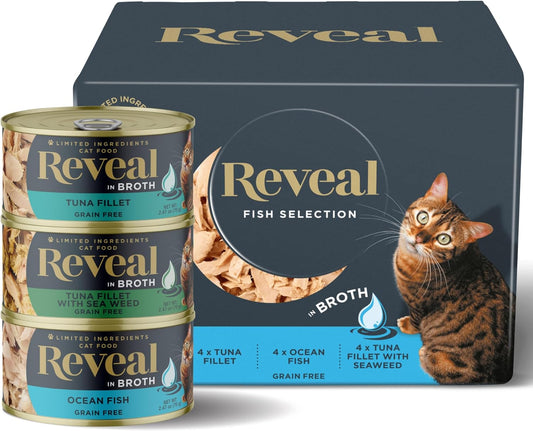 Natural Wet Canned Cat Food, Limited Ingredient, Grain-Free, Protein with No Artificial Additives, Fish Variety in Broth (12 X 2.47 Oz Cans)